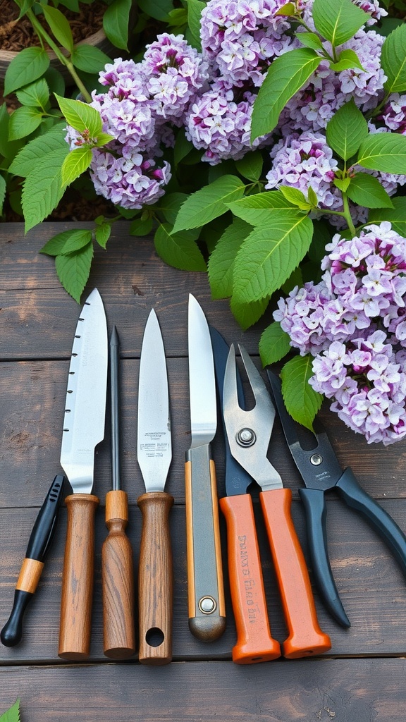 A variety of pruning tools arranged on a wooden surface next to blooming lilac flowers.