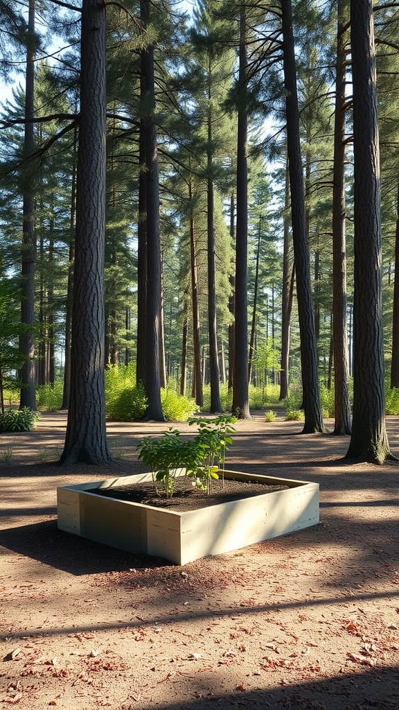 A raised vegetable garden in a forested area surrounded by tall trees