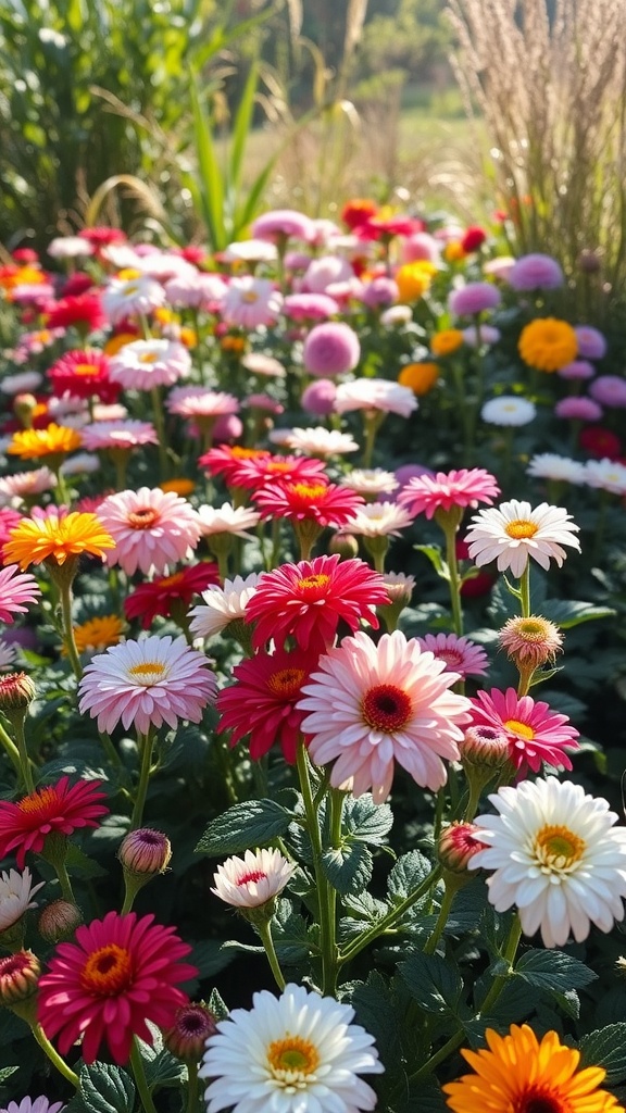 A vibrant display of colorful chrysanthemums blooming in a garden.