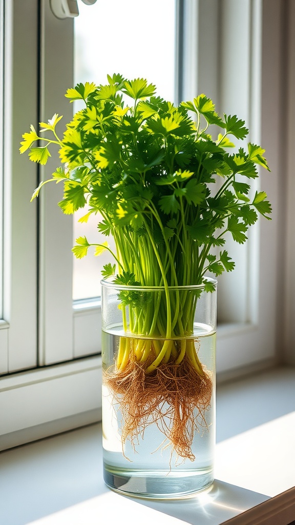 A fresh cilantro plant with vibrant green leaves and roots submerged in water, placed in a clear vase by a window.