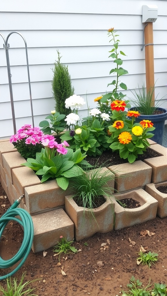 A beautifully arranged cinder block garden bed with colorful flowers and greenery.