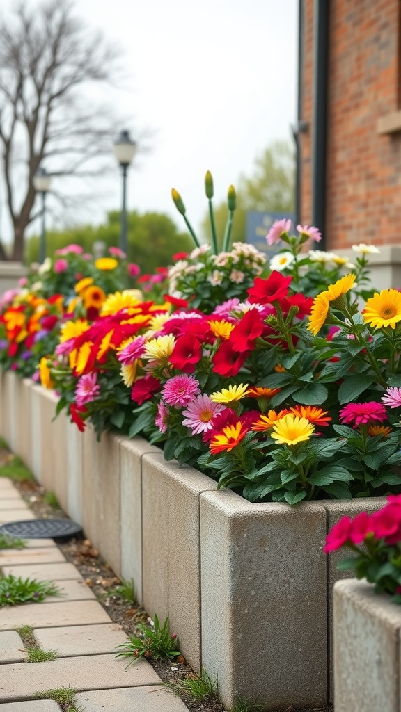 Colorful flowers blooming in cinder block planters