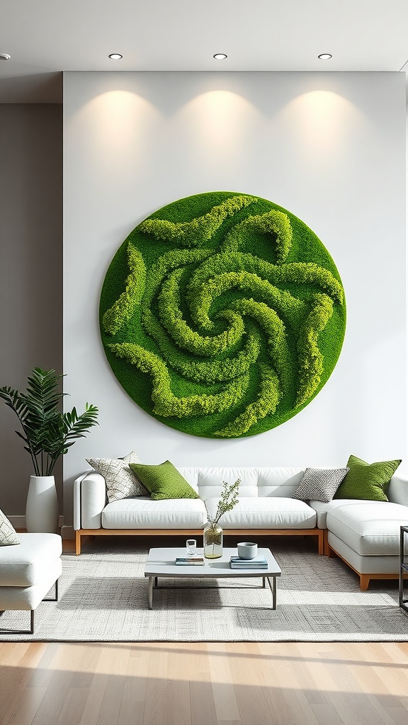 A circular moss wall art piece in a modern living room, showcasing a green swirling pattern.