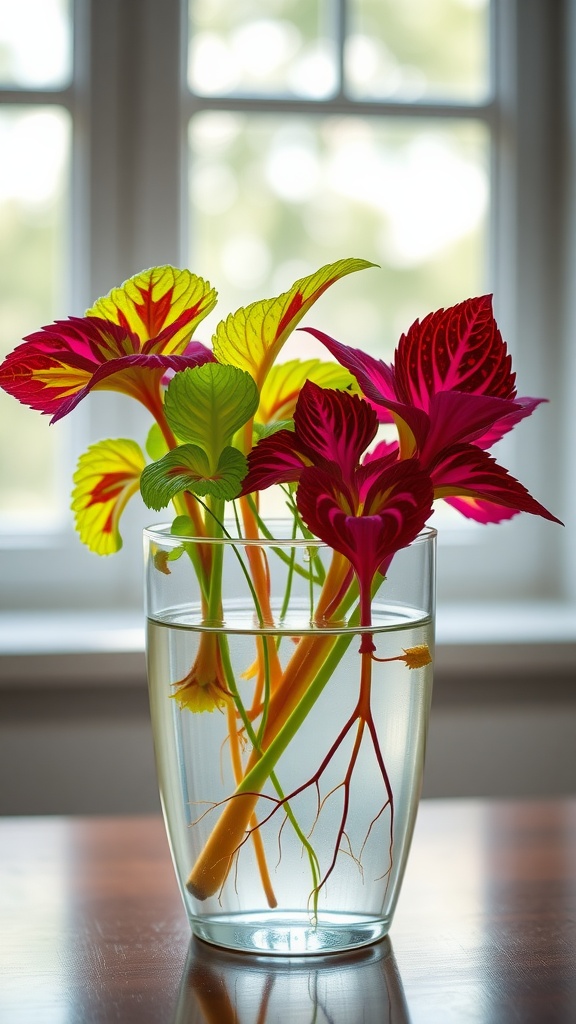 A vibrant coleus plant with colorful leaves in a water vase, showcasing roots.