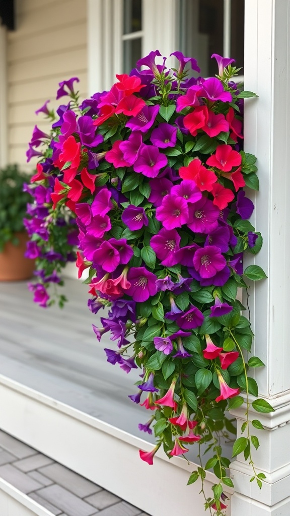A vibrant display of cascading lobelia flowers in shades of purple and red, hanging from a porch.