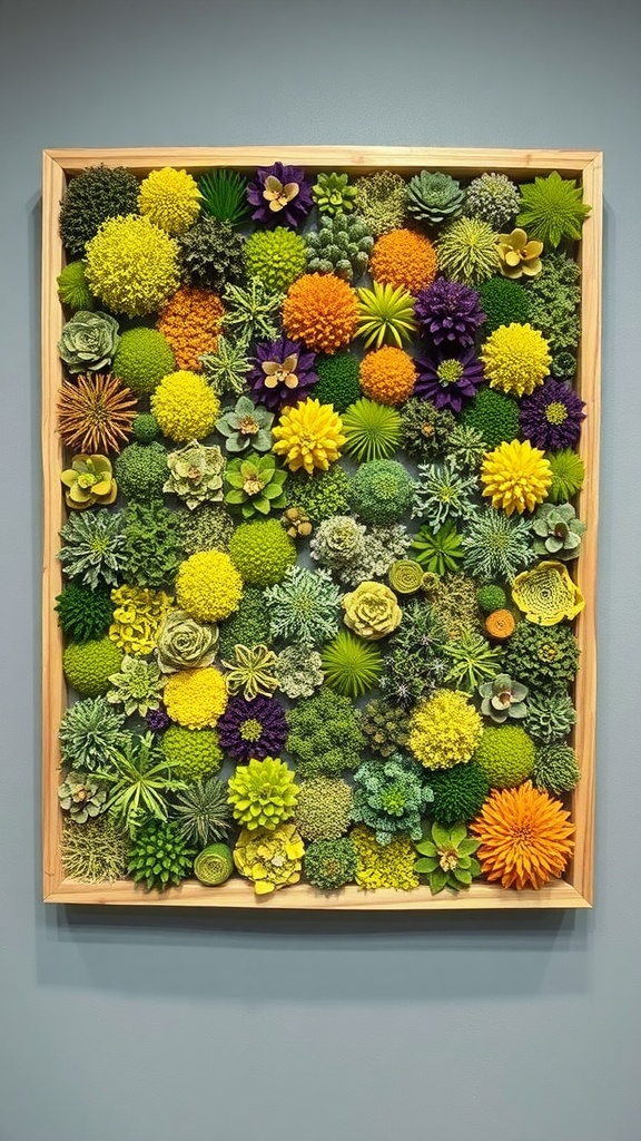 A vibrant moss mosaic art piece featuring a variety of colors and textures, framed and displayed on a wall.