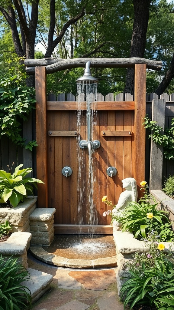 A rustic outdoor shower made of wood and stone surrounded by greenery