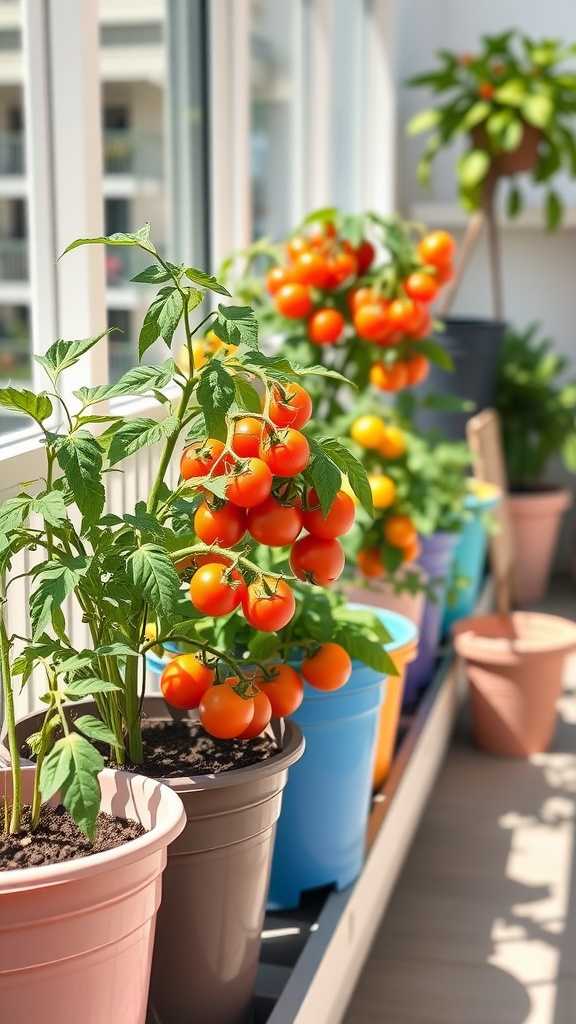 A vibrant display of compact tomato plants in various colored pots, showcasing ripe tomatoes and lush green leaves.