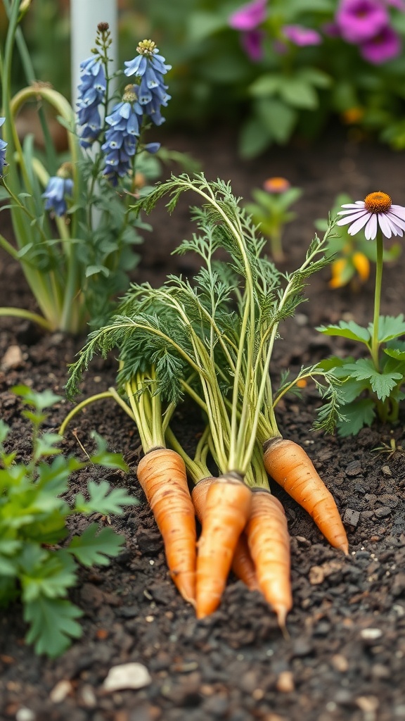 Freshly harvested carrots surrounded by colorful flowers in a garden