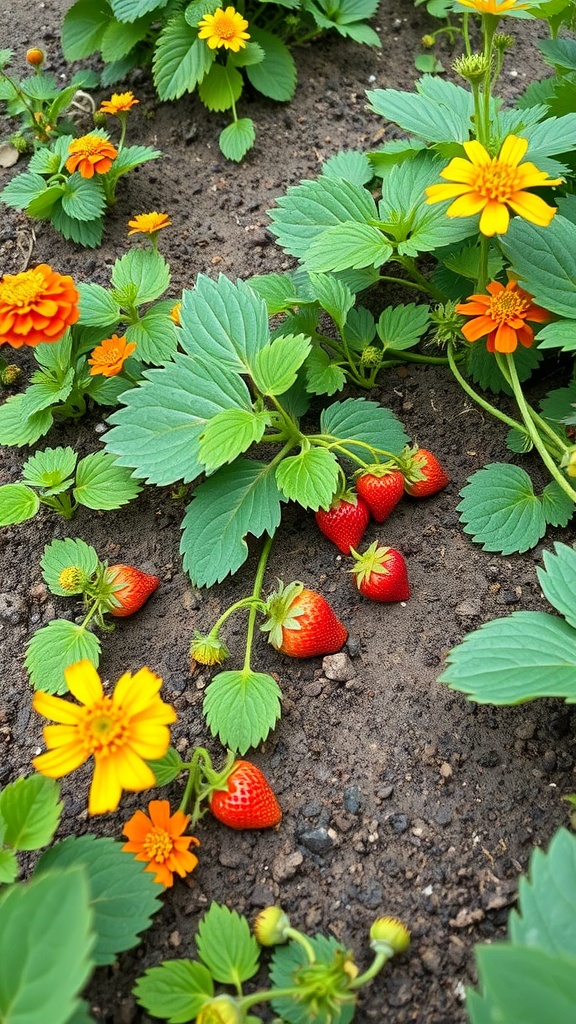 Strawberries growing among vibrant yellow flowers in a garden.