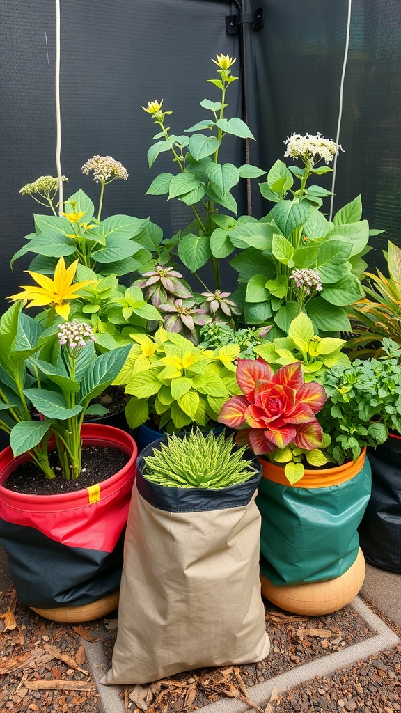 Colorful assortment of plants in various grow bags, showcasing companion planting.