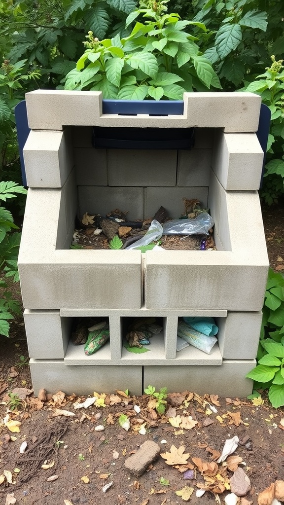 A compost bin made from cinder blocks surrounded by greenery, showcasing a practical garden solution.