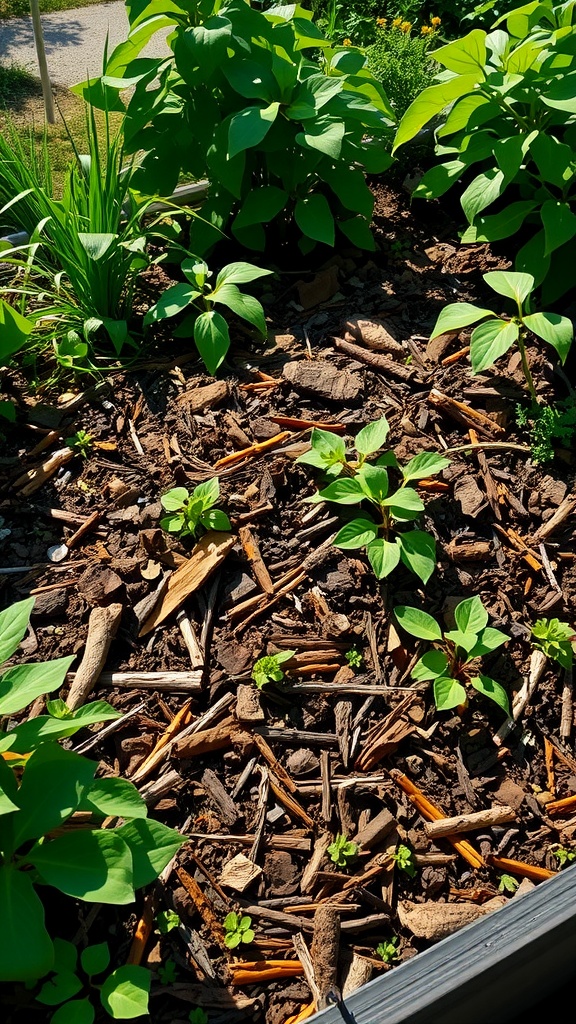 A raised garden bed filled with various plants, showcasing healthy growth with mulch and compost.