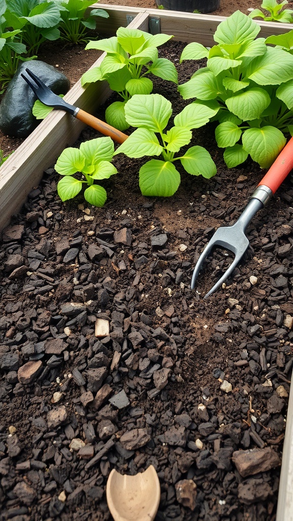 Raised garden bed with healthy plants and composted soil, featuring gardening tools.