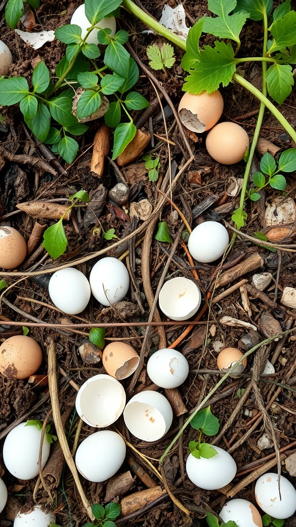 A garden scene showing crushed eggshells mixed with soil and plants.