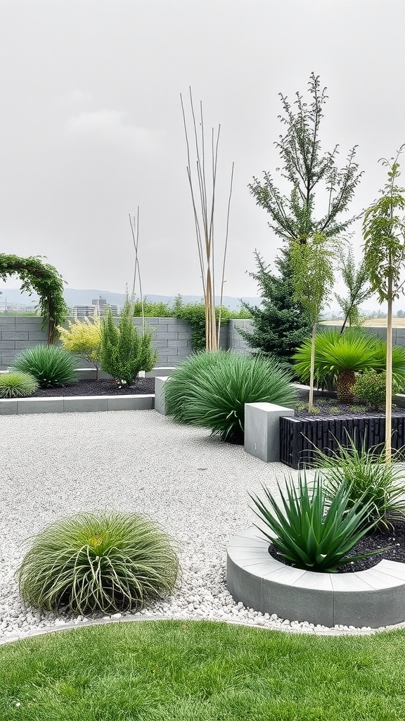 A garden featuring modern concrete block borders surrounded by green plants.