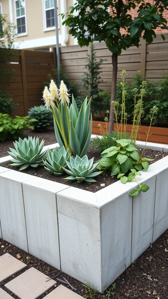 A concrete block raised garden bed filled with various plants, including succulents and foliage.