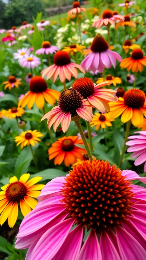 A vibrant display of coneflowers in various colors, including pink, orange, and yellow, showcasing their unique cone-shaped centers.