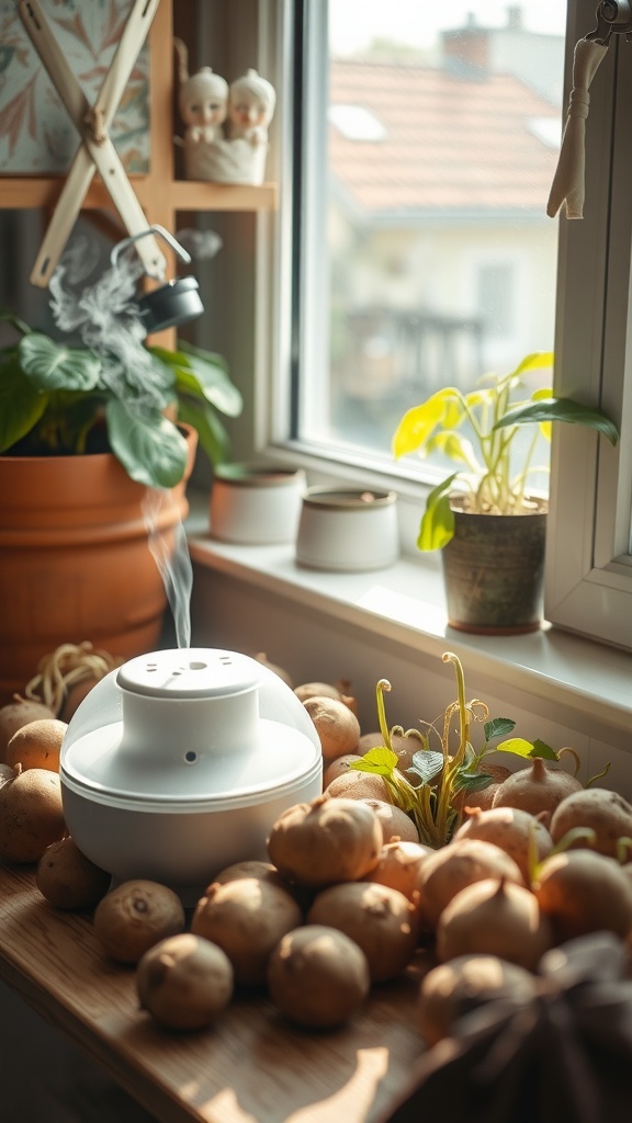 A humidifier releasing steam next to chitting potatoes on a windowsill.