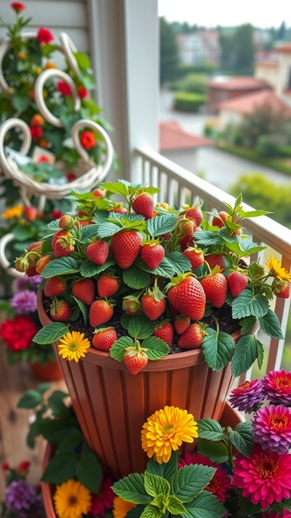 A container filled with ripe strawberries and colorful flowers on a balcony, showcasing a vibrant small space gardening idea.