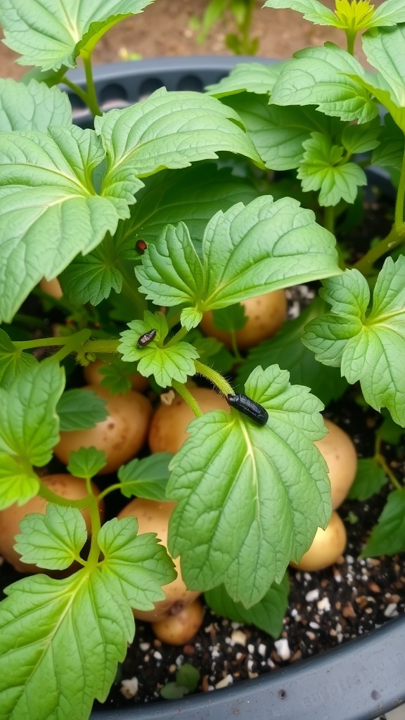 Healthy potato plant in a container showing some baby potatoes and pests