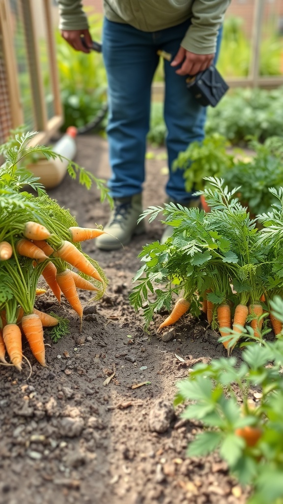 A person tending to a carrot garden, examining ripe carrots in raised beds.