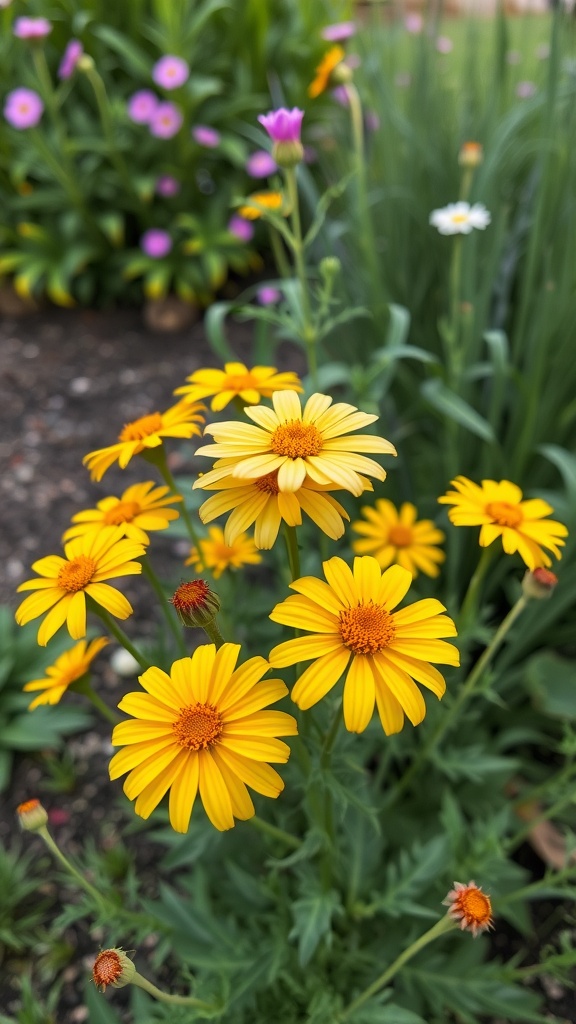 Bright yellow Coreopsis Sunshine flowers in a garden