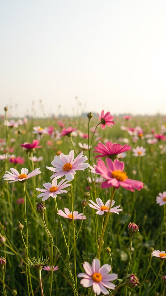 Colorful cosmos flowers in a field, showcasing their vibrant pink and white petals against a bright sky.