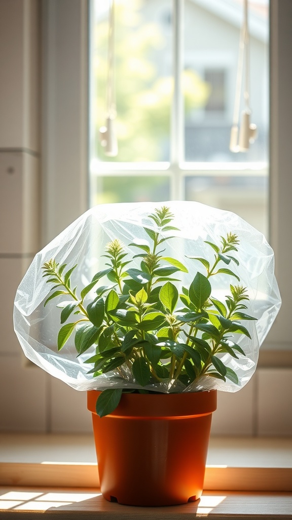 A sage plant covered with a clear plastic bag on a windowsill, creating a humid environment for propagation.