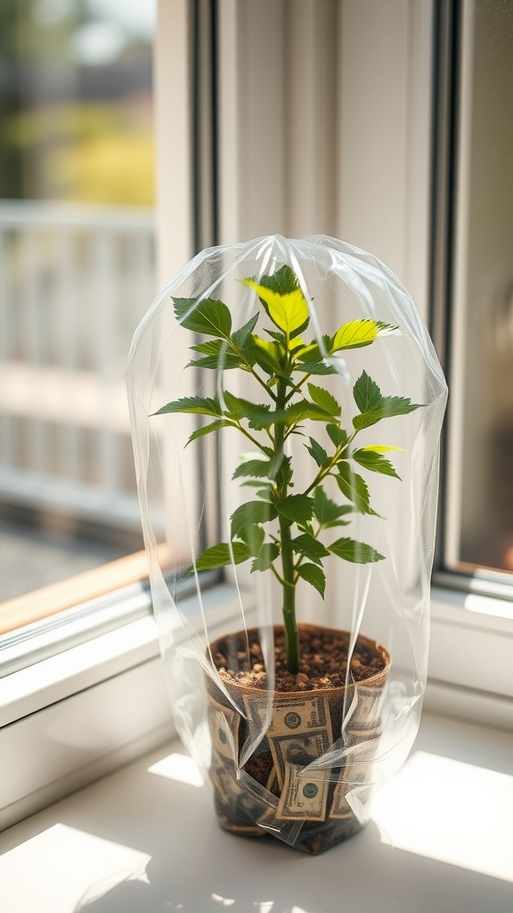 A Money Tree cutting covered with a plastic dome, sitting on a windowsill, surrounded by dollar bills.