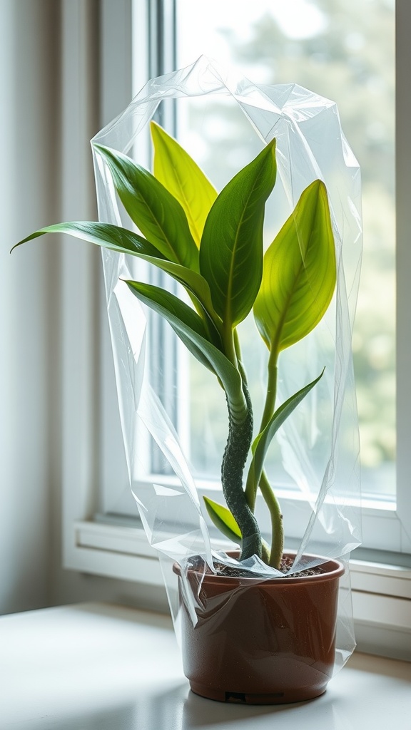 A snake plant in a pot covered with a plastic bag, placed near a window.