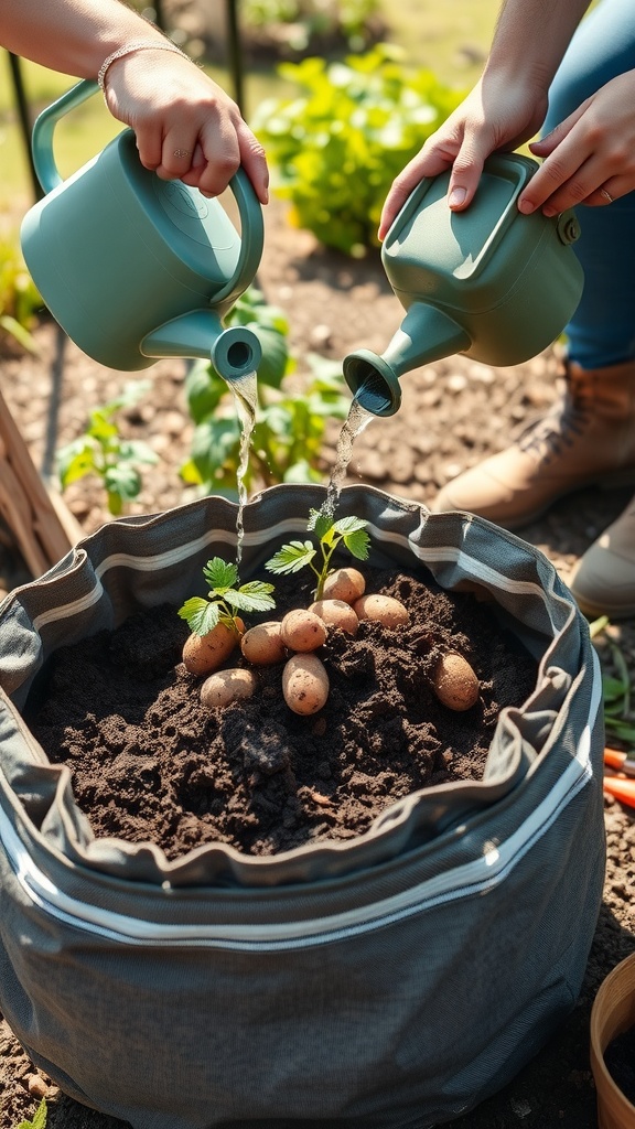 Two hands watering a bag full of soil and seed potatoes.