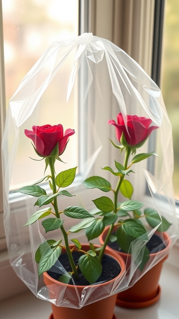 Two rose plants covered with a clear plastic bag to create a humid environment for propagation.