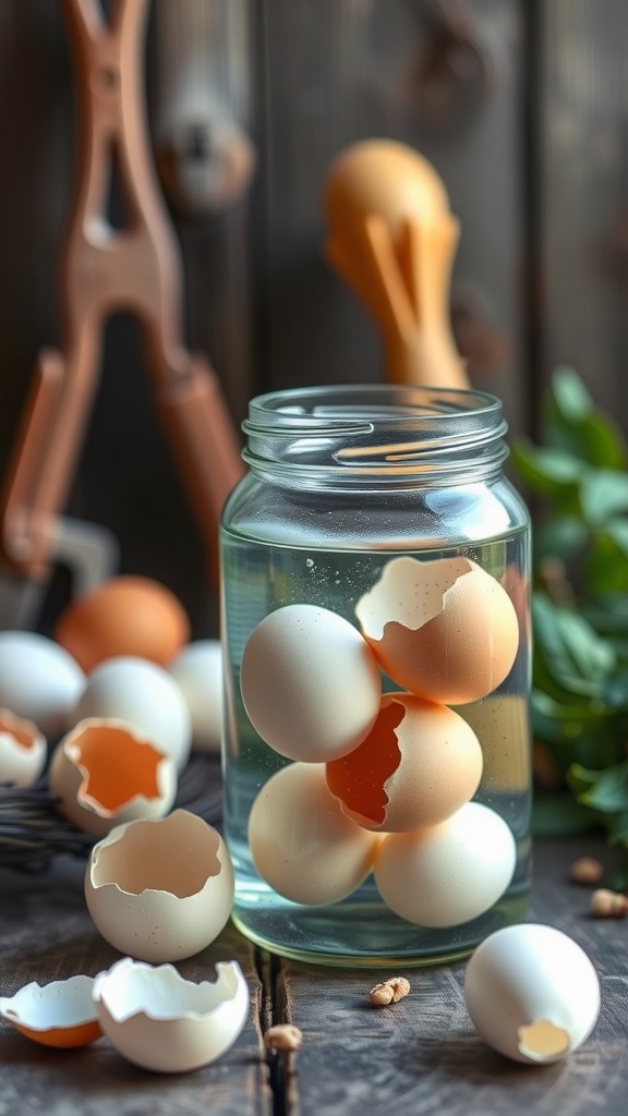 A jar filled with eggshells soaking in water, surrounded by more eggshells, illustrating the process of making homemade eggshell fertilizer tea.