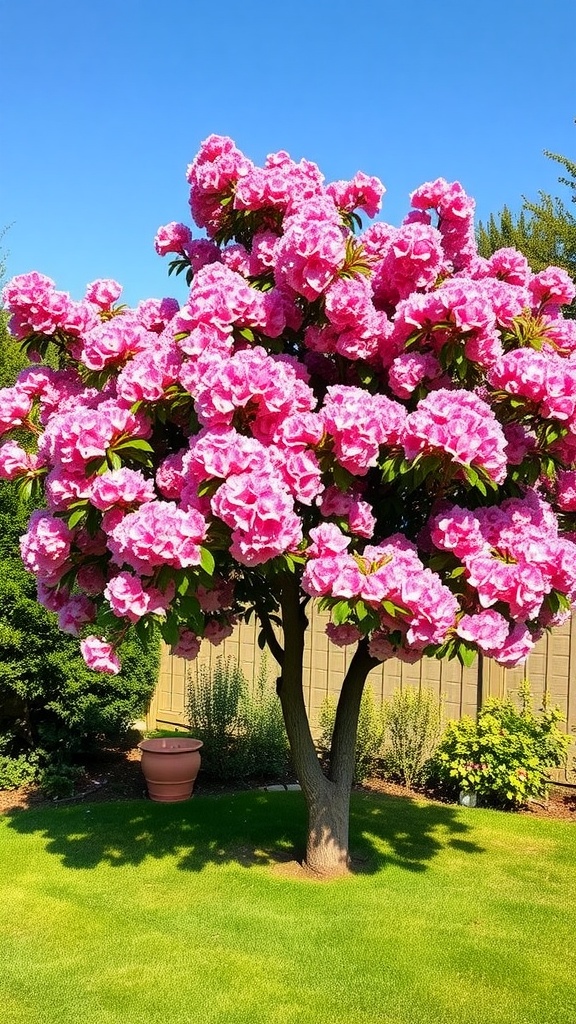 A Crape Myrtle tree in full bloom with bright pink flowers against a clear blue sky.