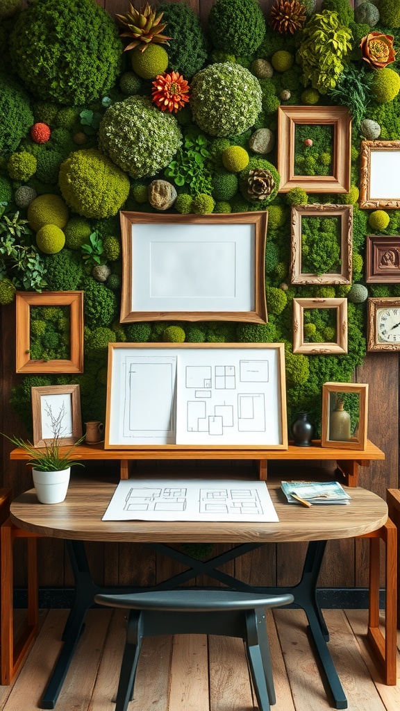 A detailed display of moss wall art next to sketches and empty frames on a desk.