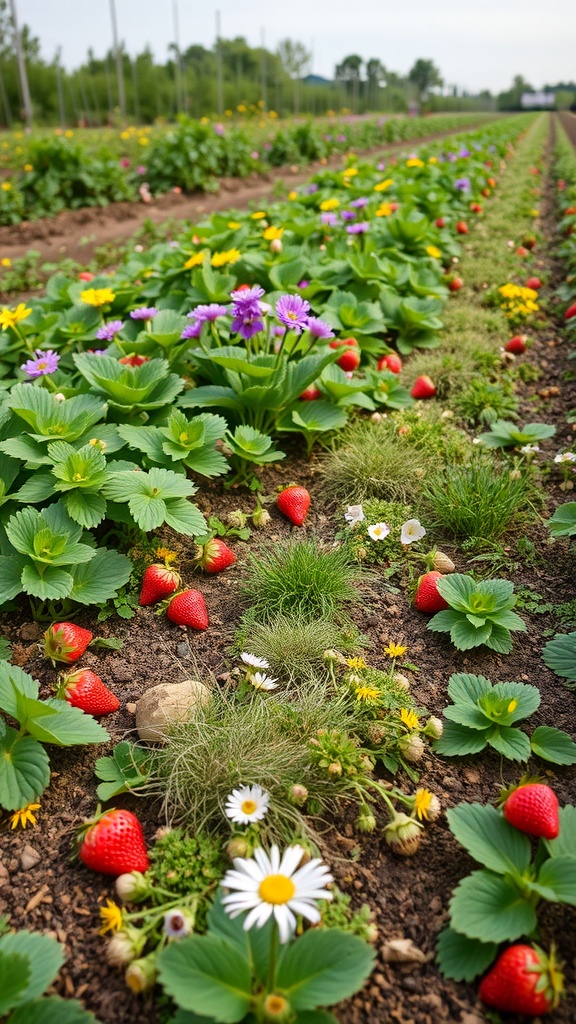 A colorful strawberry patch with strawberries, flowers, and ground covers