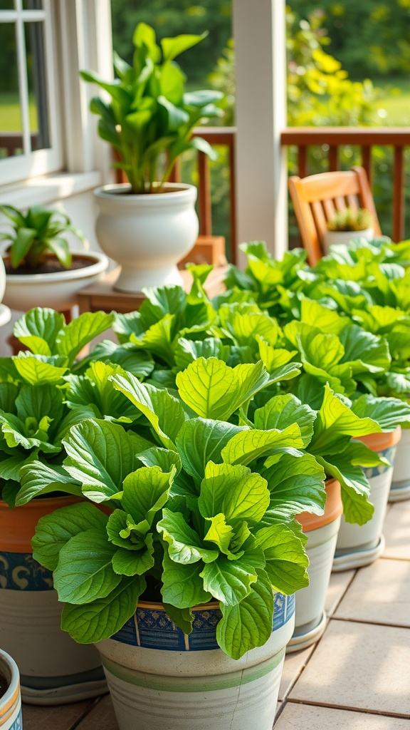 Lettuce plants in decorative pots thriving on a patio