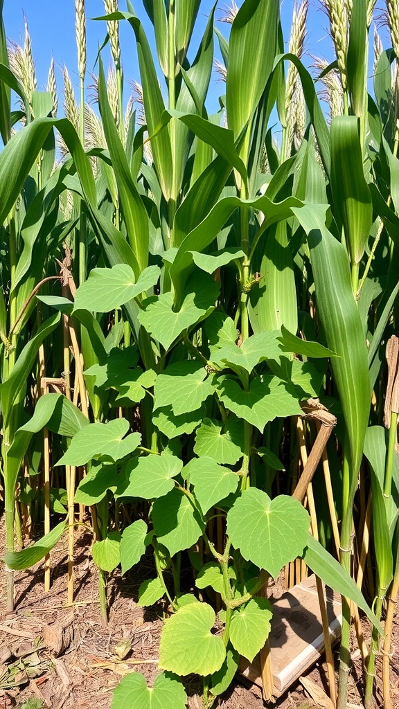 Cucumbers climbing a trellis among tall corn plants in a garden.