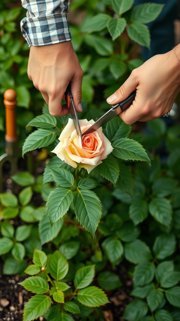 A person cutting a rose stem just below a leaf node with scissors.