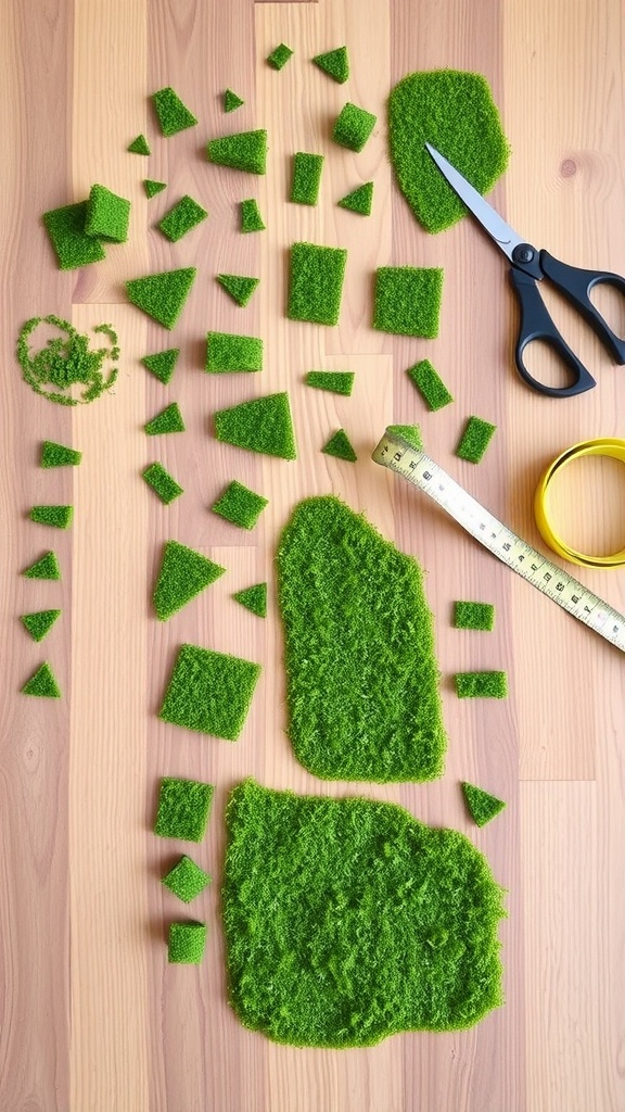 Cut pieces of moss arranged on a wooden surface with scissors and measuring tape.