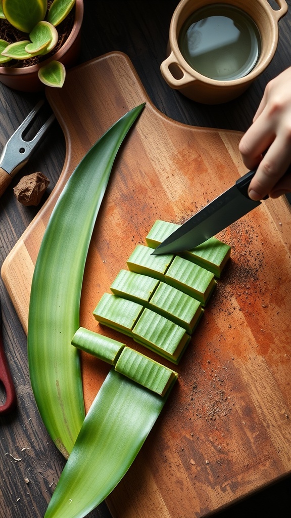 A hand cutting a snake plant leaf into sections on a wooden cutting board