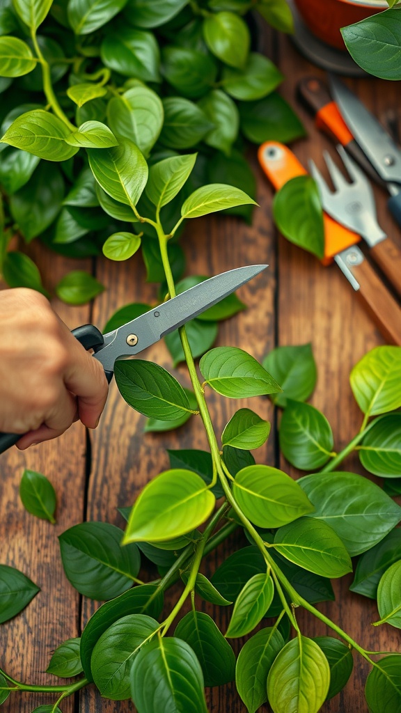 A hand holding scissors to cut a healthy Pothos vine, with green leaves surrounding.