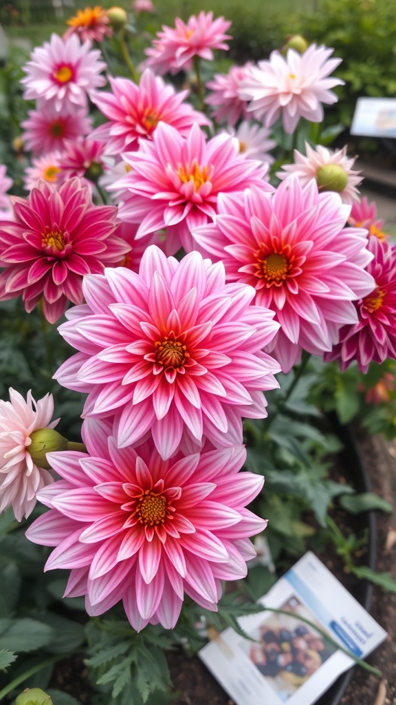 A vibrant display of pink dahlia flowers with unique petal shapes.