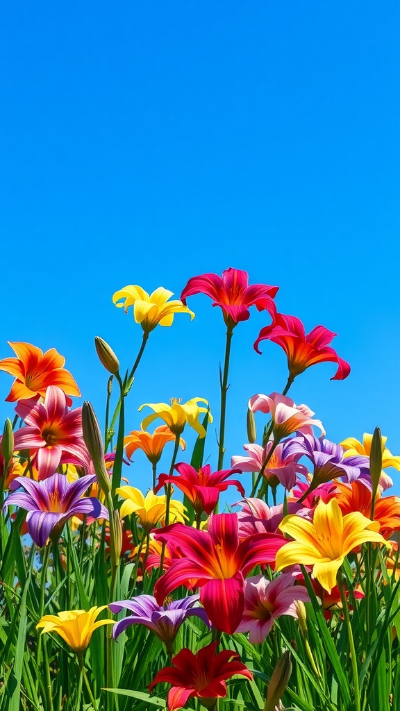 Vibrant daylilies in various colors against a blue sky