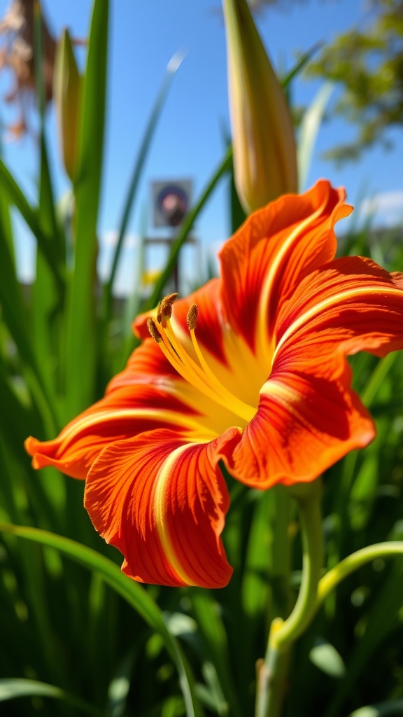 Close-up of a vibrant orange daylily flower with yellow center against a blue sky.