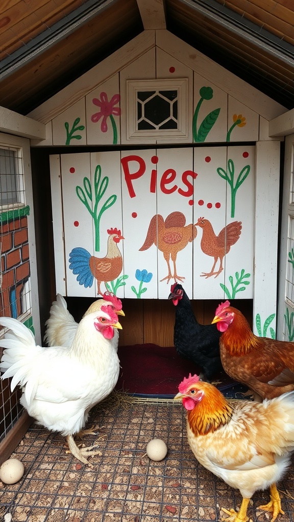 Decorative chicken coop with colorful artwork and chickens outside