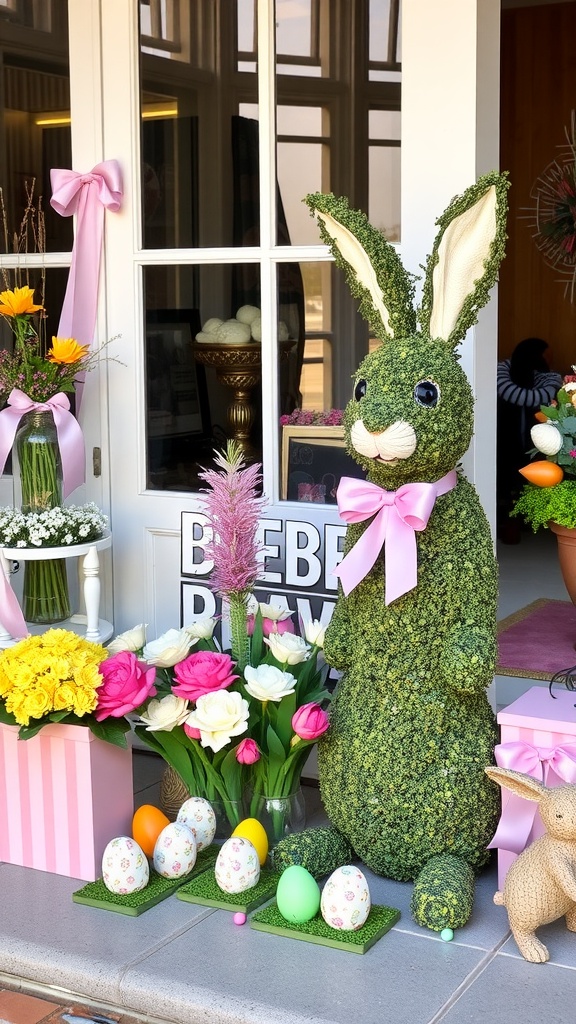 Decorative Bunny Topiary with flowers, eggs, and ribbons for Easter