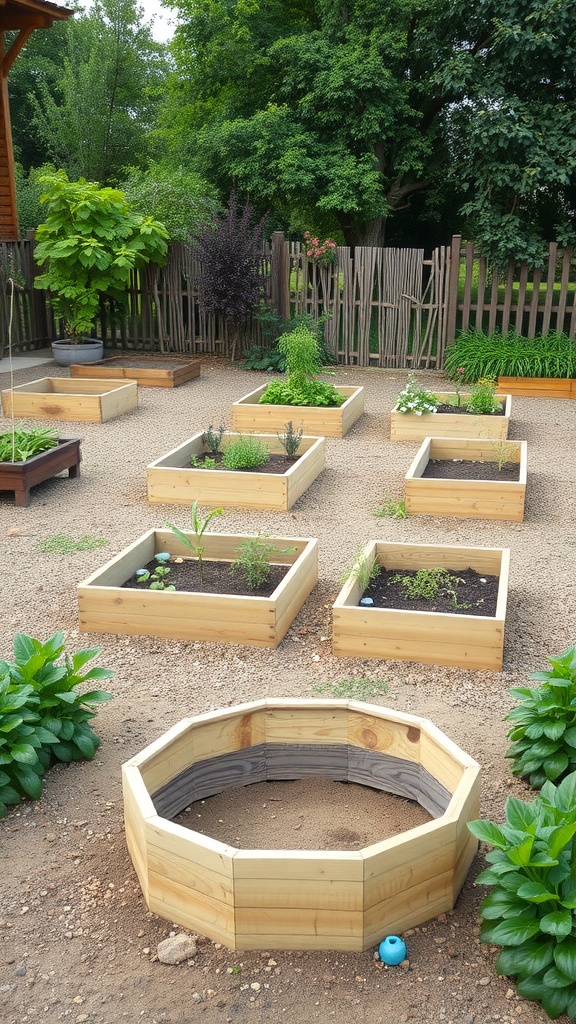 A garden area featuring multiple raised wooden garden beds in various shapes, surrounded by lush greenery.