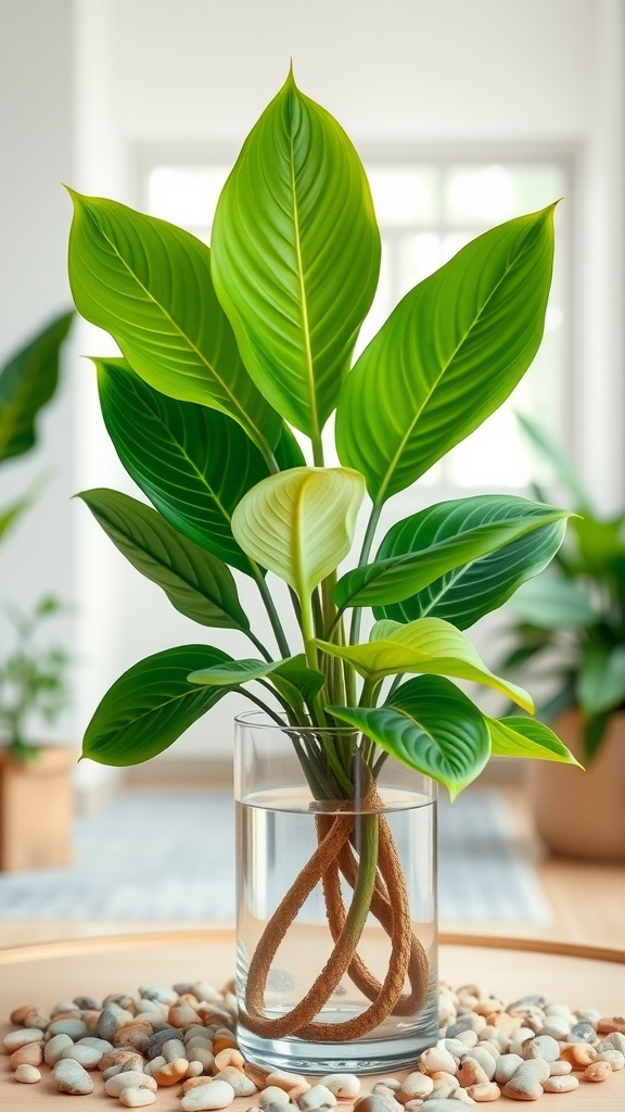 A Dieffenbachia plant with large green leaves growing in a clear water vase, surrounded by small pebbles.